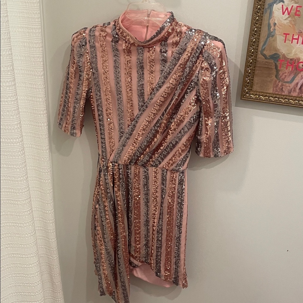 Pink and Silver Sequin Striped Dress